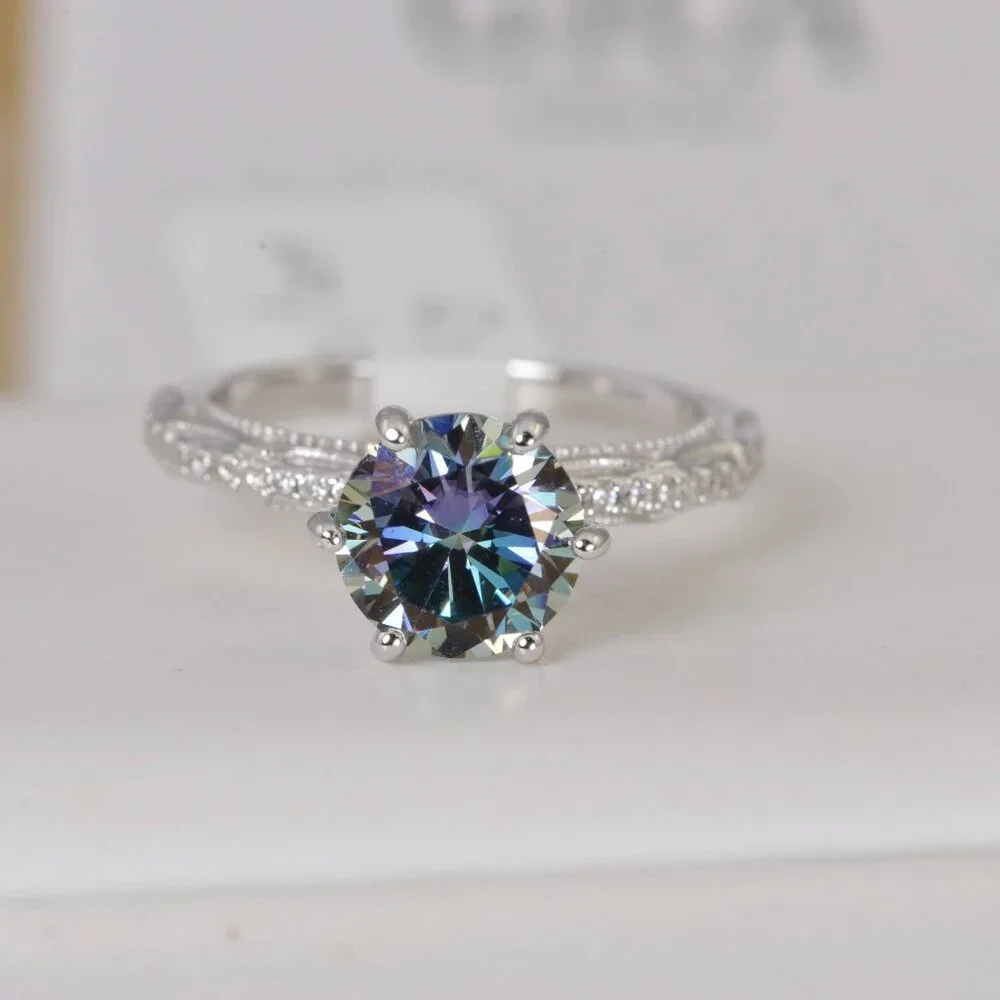 Moissanite 2.0 ct Rainbow Blue Engagement Ring 925